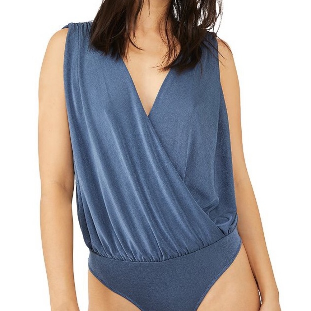 FREE PEOPLE Night Owl Draped Tank Bodysuit in Shimmery Blue